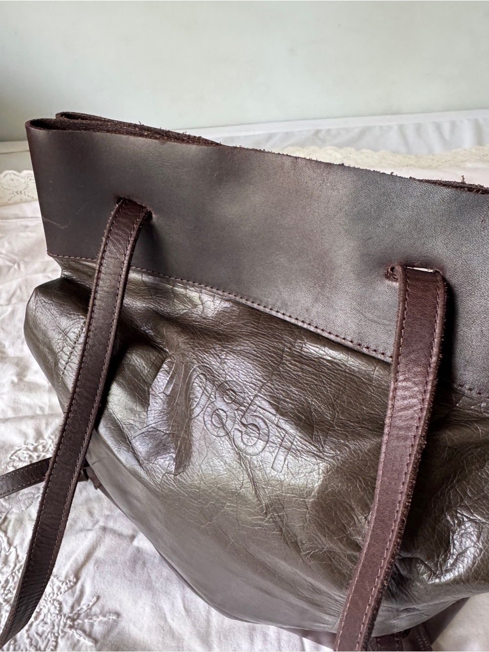 m0851 Leather Convertible Backpack Tote Bag Two Tone Olive Brown Made in Canada - Picture 13 of 14